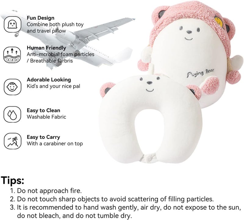 stocaggio Kids Travel Pillow - 2-in-1 Deformable Kids Neck Pillow for Traveling, Soft U-Shaped Pillow with Adorable Animal Design, Comfy Sleep and Play, Ideal for Airplanes and Cars - Pink Bear - Image 3